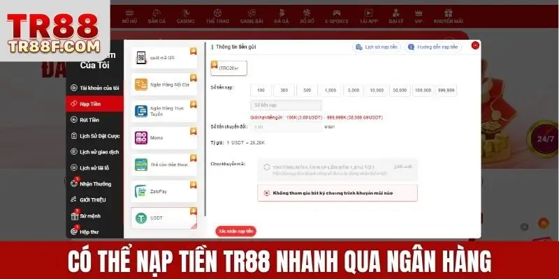 Nạp Tiền Tr88 Dễ Dàng Qua Ngân Hàng, Ví Điện Tử, Ví Mã Hóa